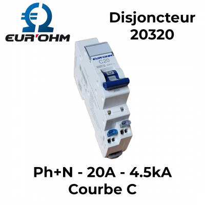 Disjoncteur divisionnaire Ph+N - 20A - 4.5kA - Courbe C - Connexion rapide EUR'OHM