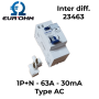 Interrupteur différentiel 1P+N - 63A - 30 mA - Type AC EUR'OHM