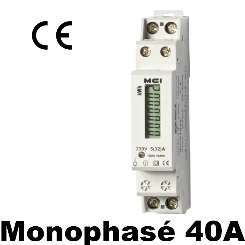 Sous-compteur électrique monophasé, certifié MID, modulaire 45A max, tarif  unique, écran LCD.