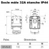 Socle mâle tétrapolaire en saillie 32A 380V étanche IP44 ou IP67 IDE